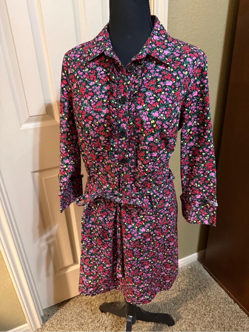 LOFT black ditsy floral shirt dress